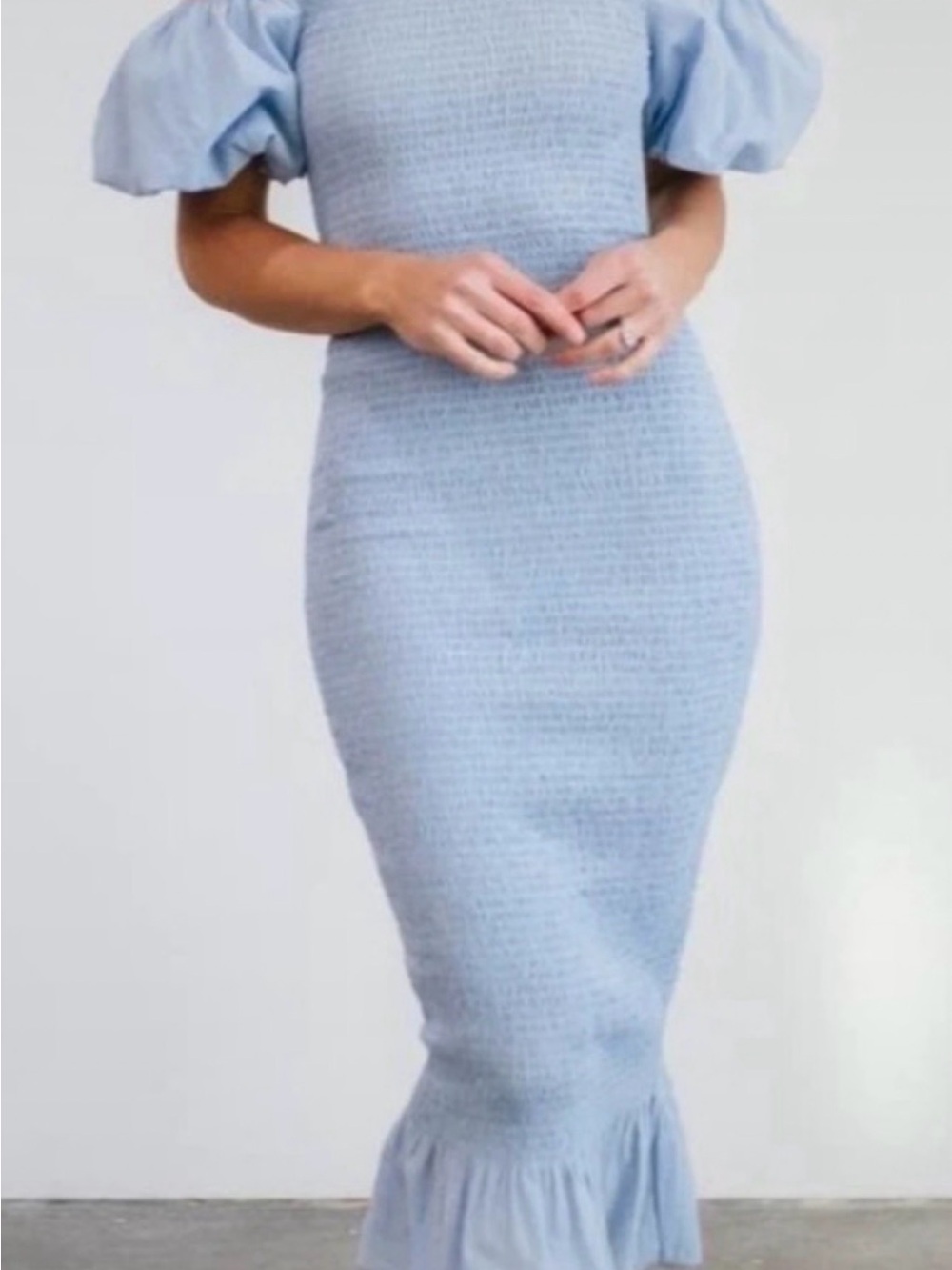 Baltic Born Light Blue Puff-Sleeve smocked Midi Dress with Ruffled Hem